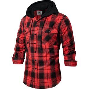 Men's Flannel Shirt Plaid Hoodie Stylish Long Sleeve Fall Casual Button Down Wes